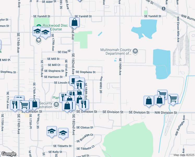 map of restaurants, bars, coffee shops, grocery stores, and more near 18533 Southeast Lincoln Street in Portland