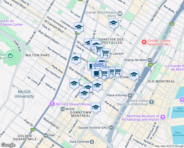 map of restaurants, bars, coffee shops, grocery stores, and more near in Montreal
