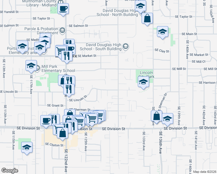 map of restaurants, bars, coffee shops, grocery stores, and more near 12825 Southeast Lincoln Street in Portland
