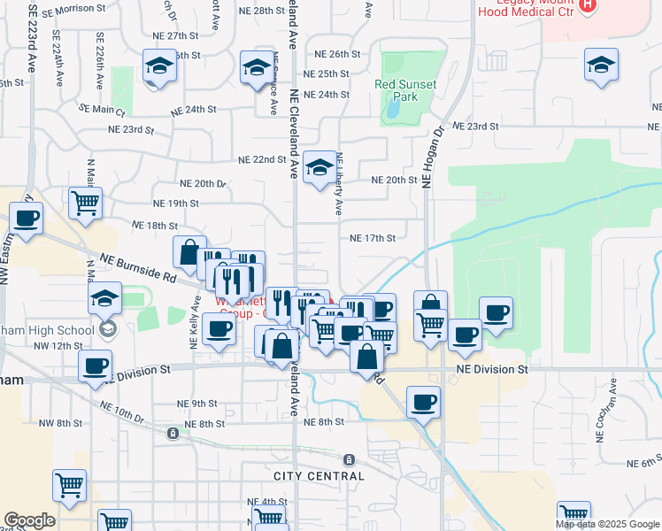 map of restaurants, bars, coffee shops, grocery stores, and more near 1244 Northeast 16th Street in Gresham