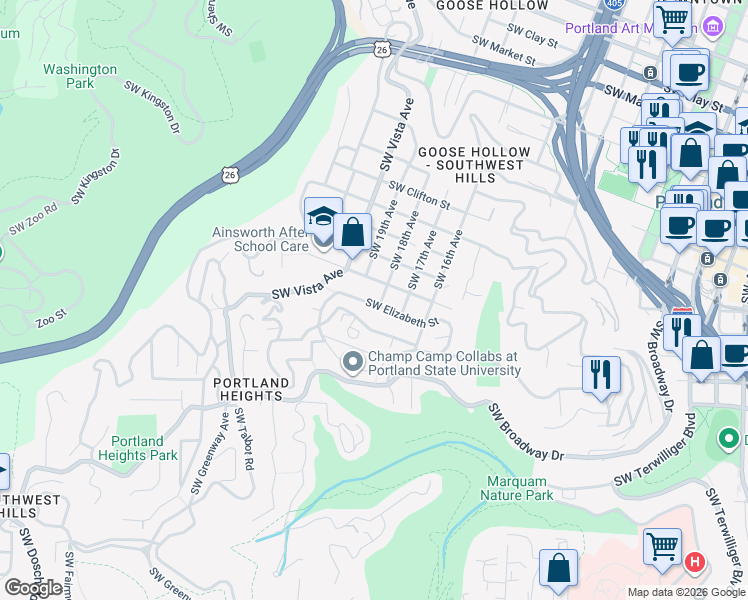 map of restaurants, bars, coffee shops, grocery stores, and more near 1835 Southwest Elizabeth Street in Portland