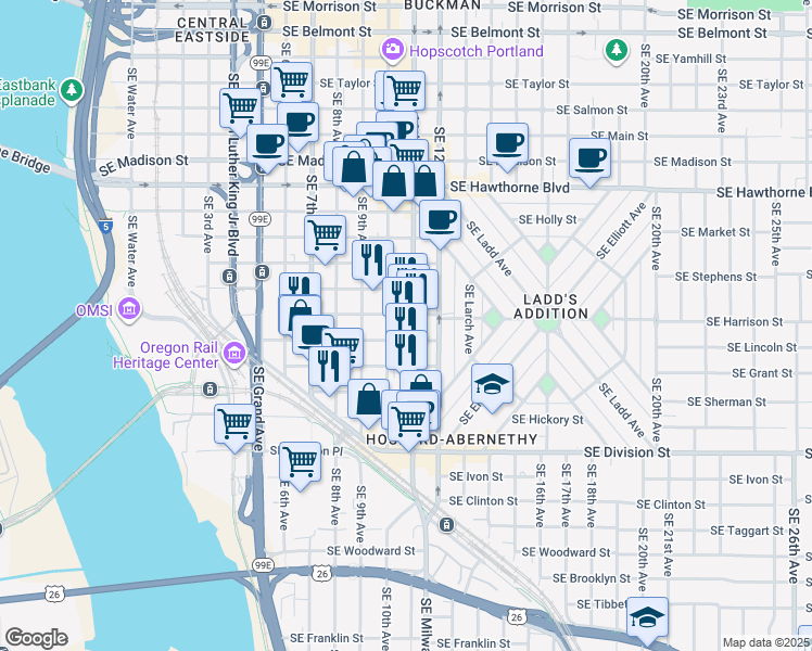 map of restaurants, bars, coffee shops, grocery stores, and more near 2015 Southeast 11th Avenue in Portland