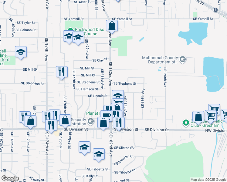 map of restaurants, bars, coffee shops, grocery stores, and more near 1954 Southeast 182nd Avenue in Portland