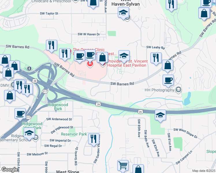 map of restaurants, bars, coffee shops, grocery stores, and more near 8920 Southwest Barnes Road in Portland