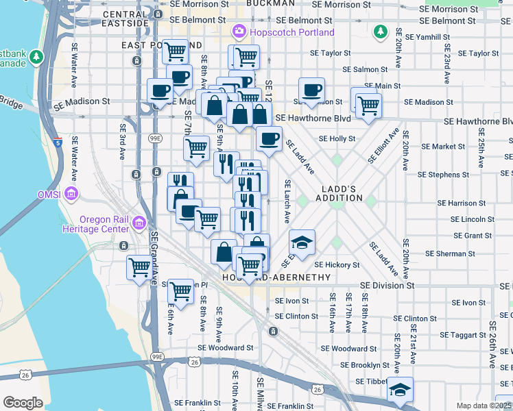 map of restaurants, bars, coffee shops, grocery stores, and more near 2014 Southeast 11th Avenue in Portland