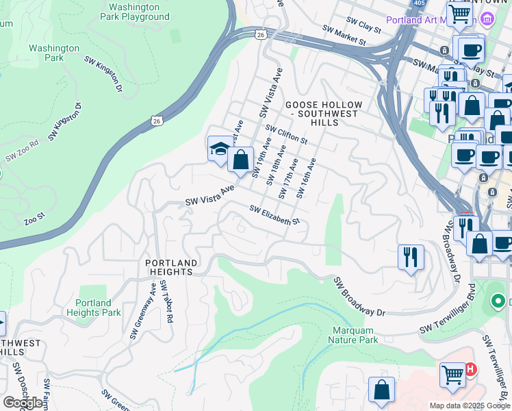 map of restaurants, bars, coffee shops, grocery stores, and more near 1805 Southwest Elizabeth Street in Portland