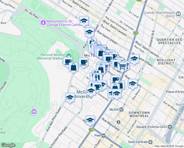 map of restaurants, bars, coffee shops, grocery stores, and more near 3571 Rue Aylmer in Montréal