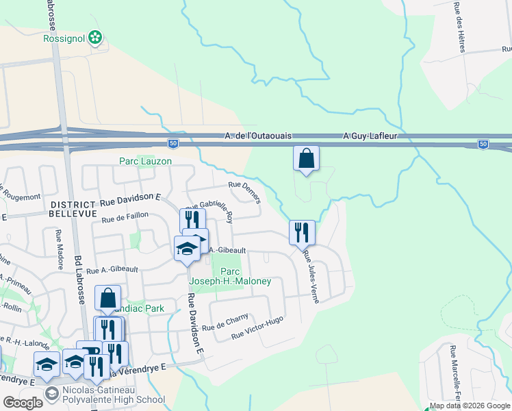 map of restaurants, bars, coffee shops, grocery stores, and more near 1 Rue Octave-Crémazie in Gatineau
