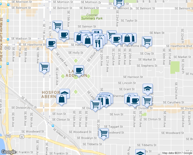 map of restaurants, bars, coffee shops, grocery stores, and more near 2004 Southeast Hemlock Avenue in Portland