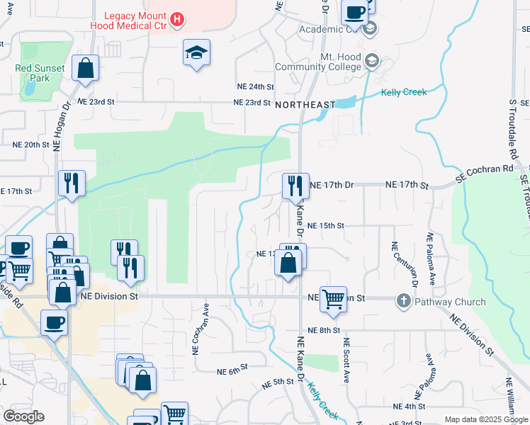 map of restaurants, bars, coffee shops, grocery stores, and more near 1553 Northeast Hale Place in Gresham