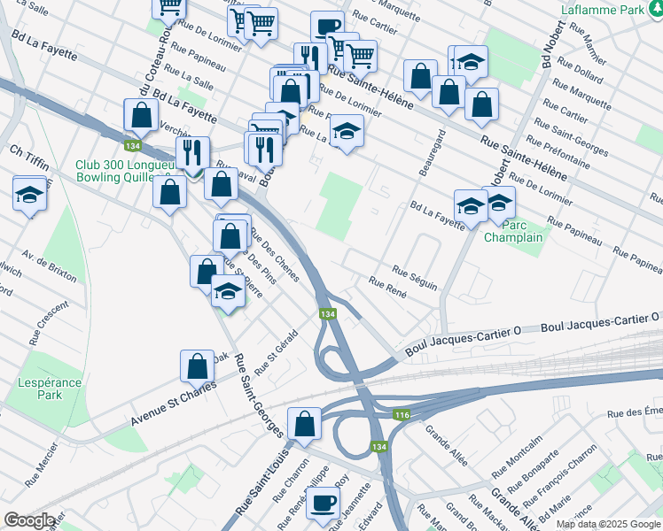 map of restaurants, bars, coffee shops, grocery stores, and more near 2100 Rue René in Longueuil
