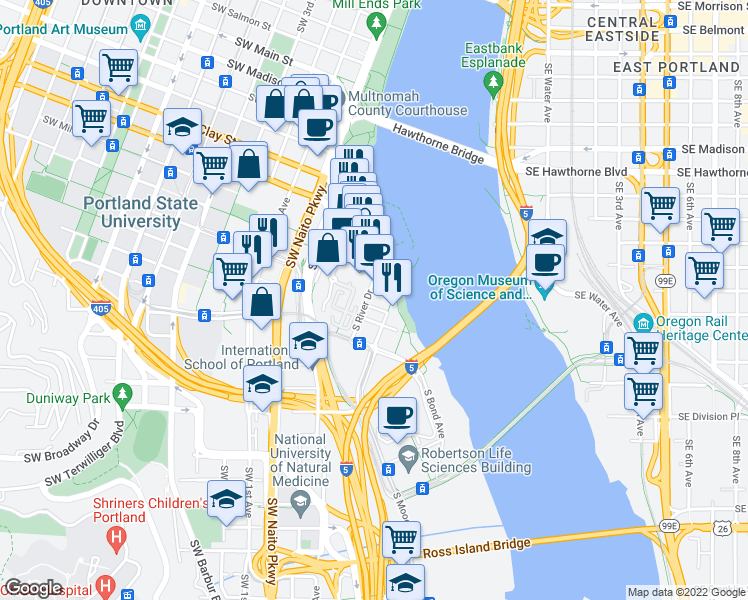 map of restaurants, bars, coffee shops, grocery stores, and more near 1816 South River Drive in Portland