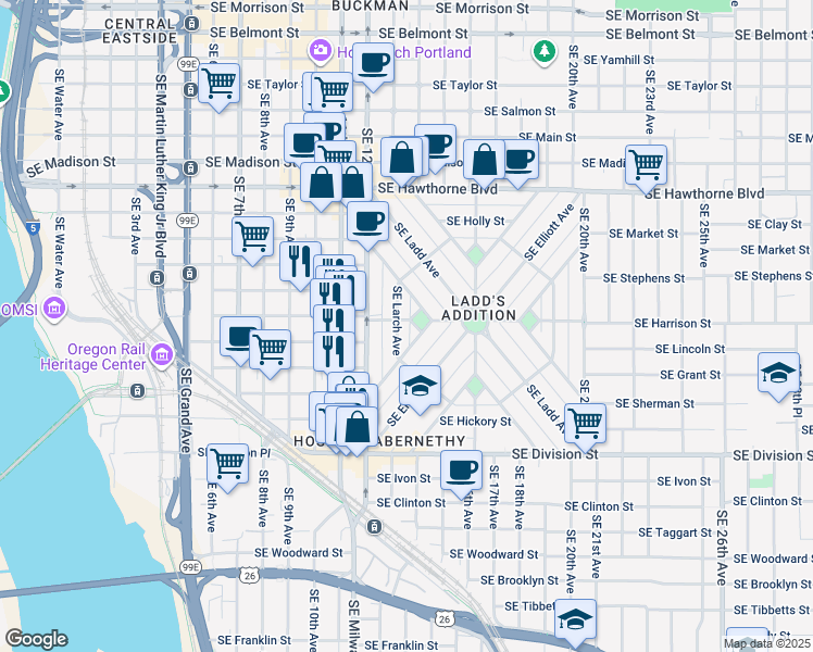map of restaurants, bars, coffee shops, grocery stores, and more near 1314 Southeast Harrison Street in Portland