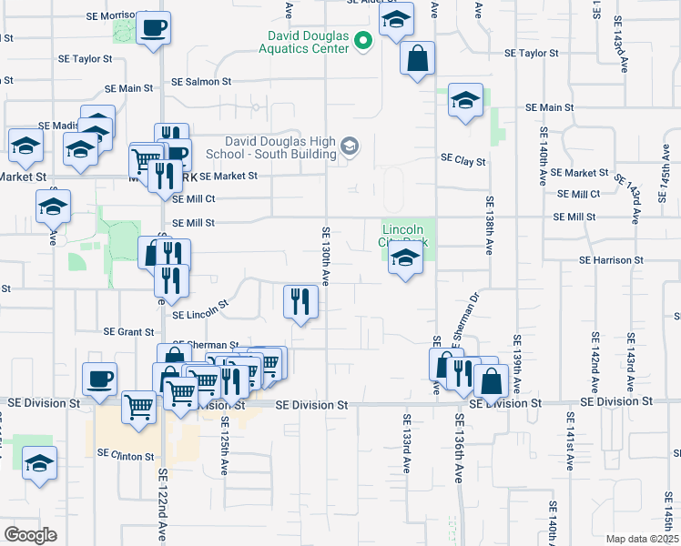 map of restaurants, bars, coffee shops, grocery stores, and more near 13024 Southeast Harrison Street in Portland