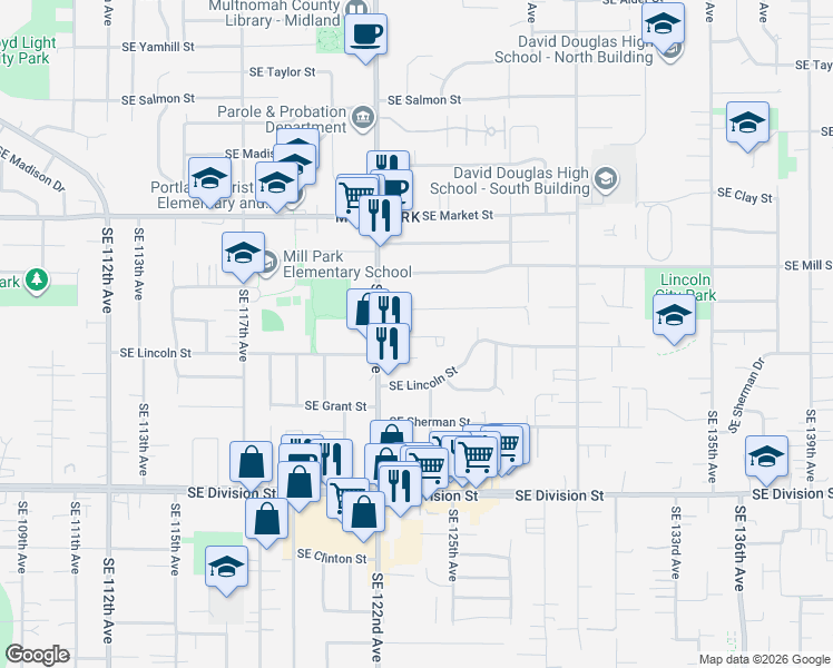 map of restaurants, bars, coffee shops, grocery stores, and more near 2016 Southeast 122nd Avenue in Portland