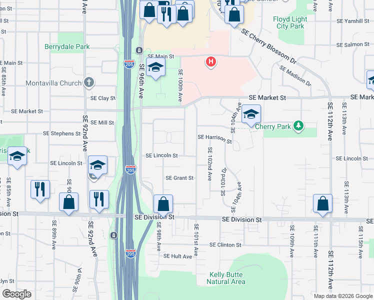 map of restaurants, bars, coffee shops, grocery stores, and more near 2016 Southeast 100th Avenue in Portland