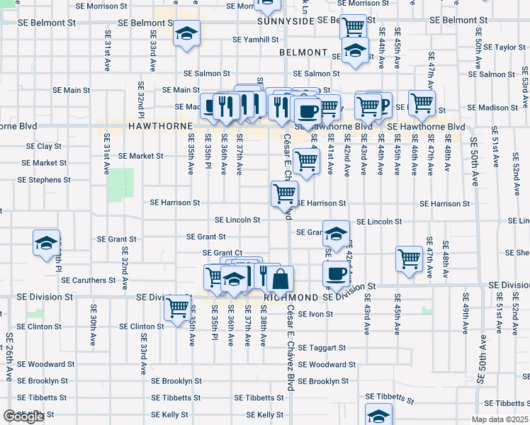 map of restaurants, bars, coffee shops, grocery stores, and more near 3820 Southeast Harrison Street in Portland