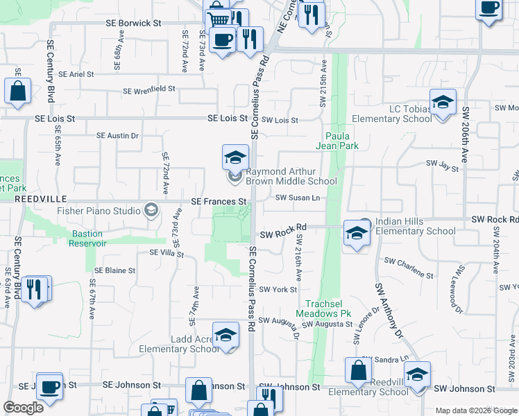 map of restaurants, bars, coffee shops, grocery stores, and more near 21751 Southwest Parkin Lane in Beaverton