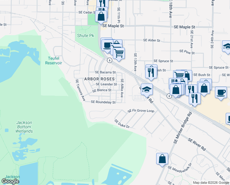 map of restaurants, bars, coffee shops, grocery stores, and more near 1266 Southeast Bianca Street in Hillsboro