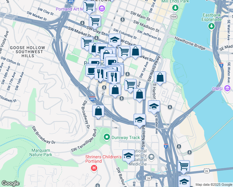 map of restaurants, bars, coffee shops, grocery stores, and more near 317 Southwest Lincoln Street in Portland