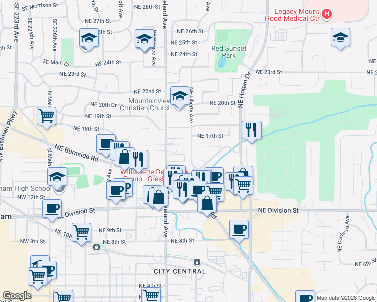 map of restaurants, bars, coffee shops, grocery stores, and more near 1244 Northeast 16th Street in Gresham