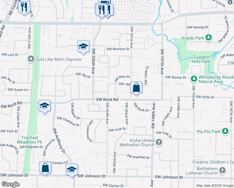 map of restaurants, bars, coffee shops, grocery stores, and more near 1570 Southwest 203rd Avenue in Aloha