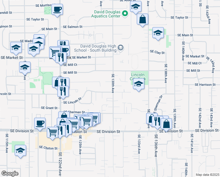 map of restaurants, bars, coffee shops, grocery stores, and more near 2021 Southeast 130th Avenue in Portland