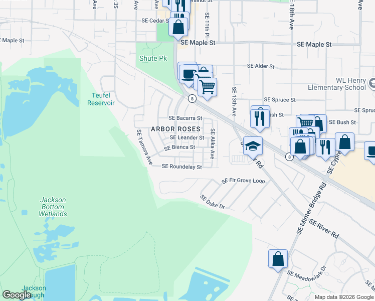 map of restaurants, bars, coffee shops, grocery stores, and more near 1166 Southeast Bianca Street in Hillsboro