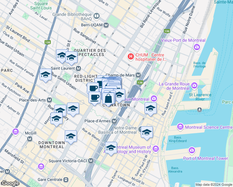 map of restaurants, bars, coffee shops, grocery stores, and more near 20 Rue de la Gauchetière Est in Montréal