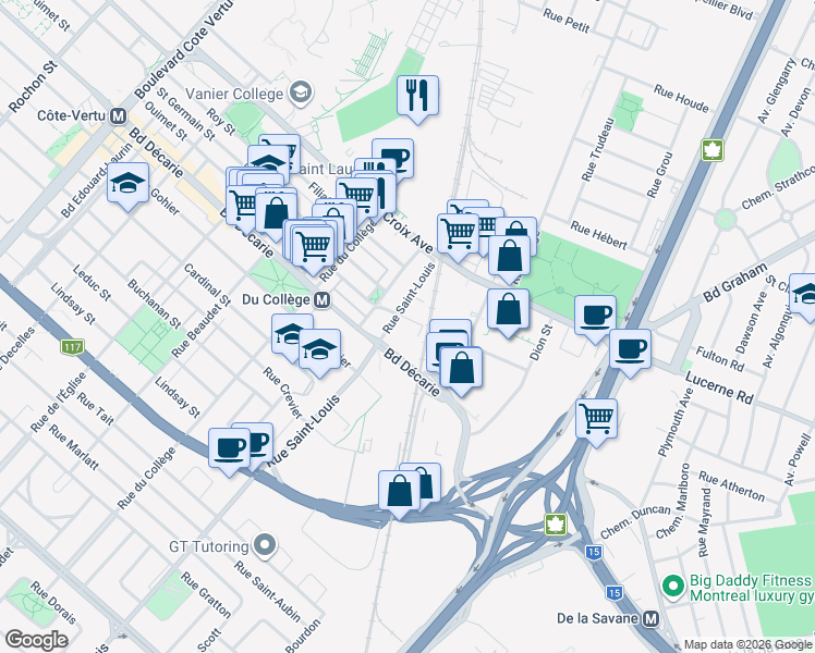 map of restaurants, bars, coffee shops, grocery stores, and more near 398 Ouimet Street in Montreal