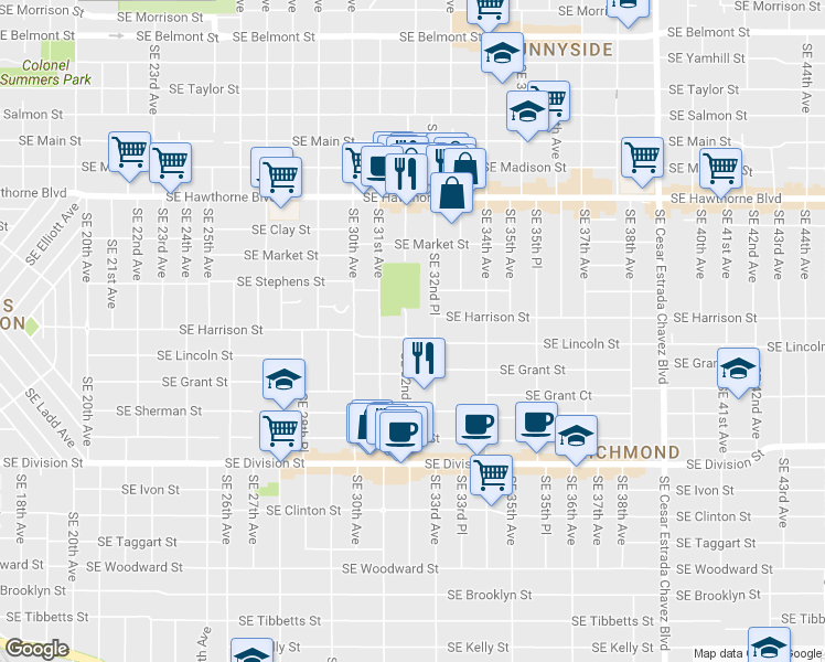 map of restaurants, bars, coffee shops, grocery stores, and more near 2016 Southeast 32nd Avenue in Portland