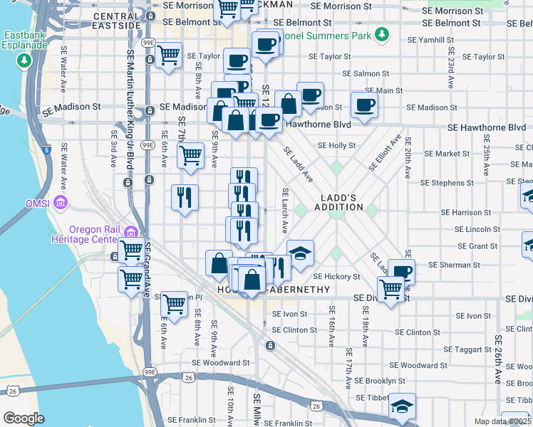map of restaurants, bars, coffee shops, grocery stores, and more near 70 Southeast Harrison Street in Portland