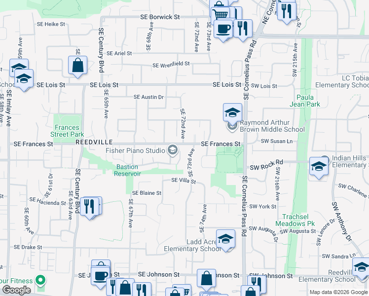 map of restaurants, bars, coffee shops, grocery stores, and more near 7280 Southeast Frances Street in Hillsboro
