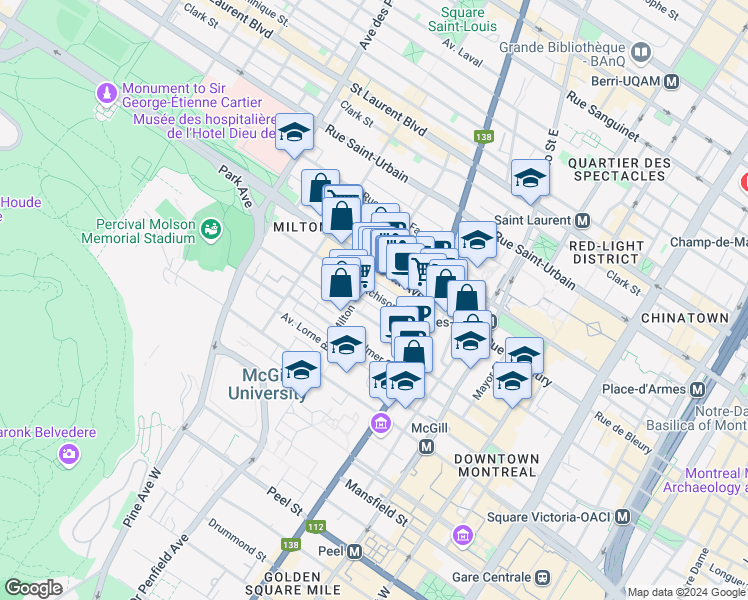 map of restaurants, bars, coffee shops, grocery stores, and more near 3480 Rue Hutchison in Montrã©Al