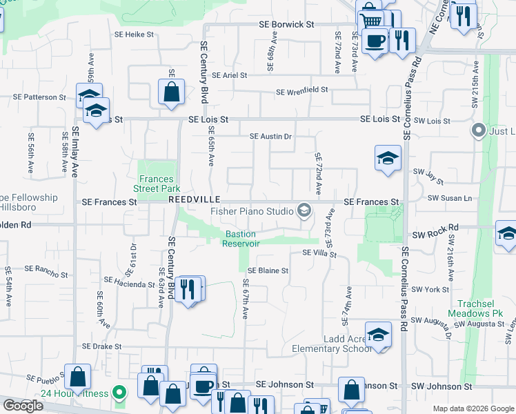 map of restaurants, bars, coffee shops, grocery stores, and more near 6726 Southeast Frances Street in Hillsboro