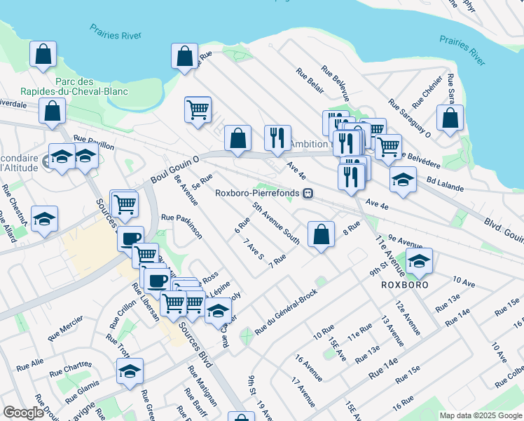 map of restaurants, bars, coffee shops, grocery stores, and more near 37 5th Avenue South in Montreal