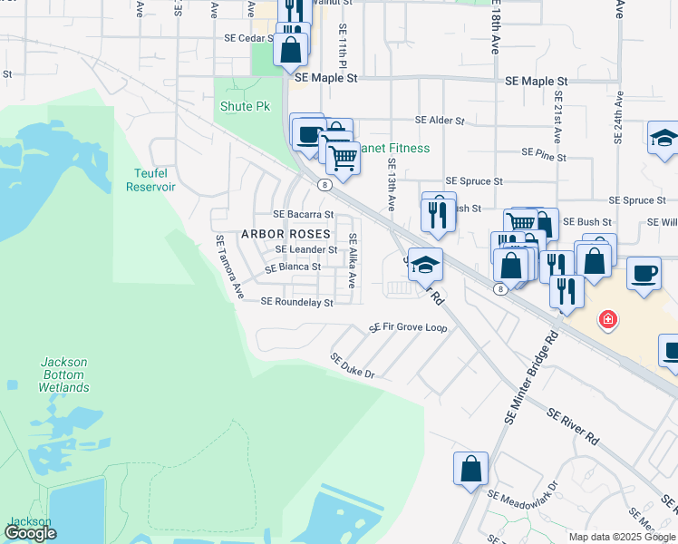 map of restaurants, bars, coffee shops, grocery stores, and more near 1266 Southeast Bianca Street in Hillsboro