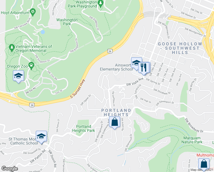 map of restaurants, bars, coffee shops, grocery stores, and more near 2615 Southwest Alta Vista Place in Portland