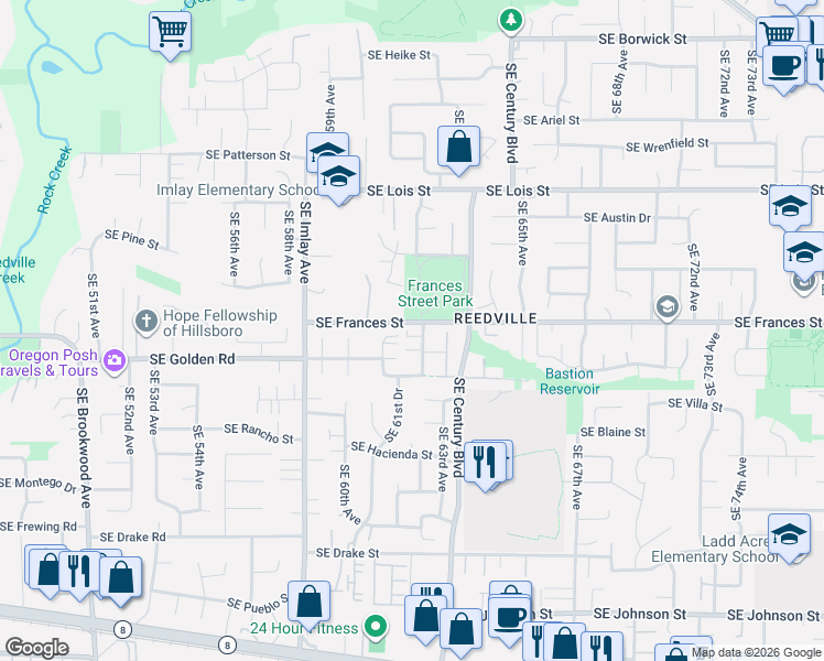 map of restaurants, bars, coffee shops, grocery stores, and more near 6160 Southeast Frances Street in Hillsboro