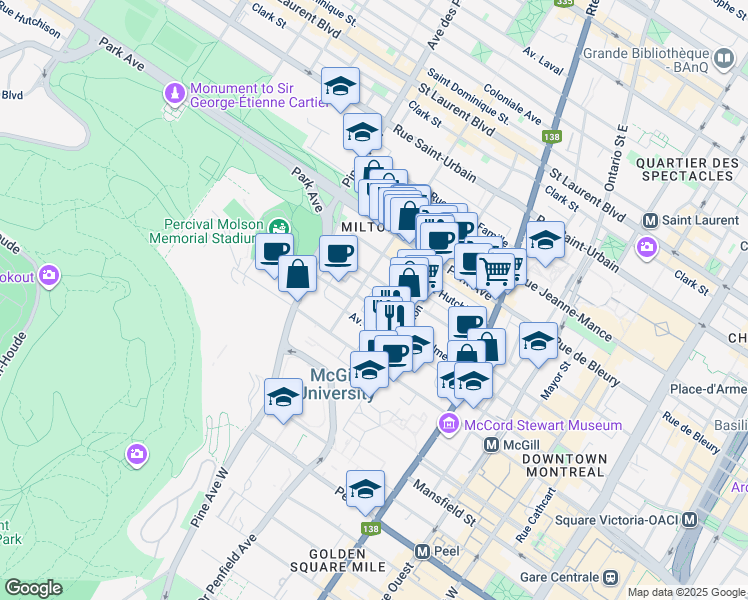 map of restaurants, bars, coffee shops, grocery stores, and more near 3571 Rue Aylmer in Montréal