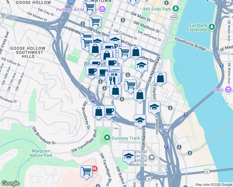map of restaurants, bars, coffee shops, grocery stores, and more near 2020 Southwest 4th Avenue in Portland