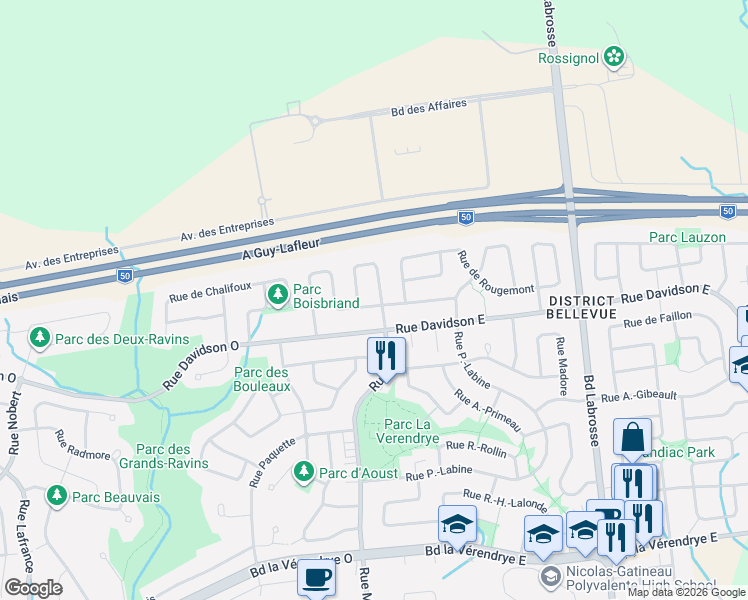 map of restaurants, bars, coffee shops, grocery stores, and more near 27 Rue de Sabrevois in Gatineau