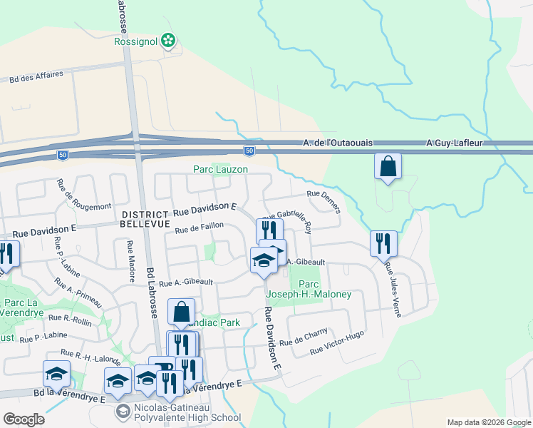 map of restaurants, bars, coffee shops, grocery stores, and more near 283 Rue de Gallichan in Gatineau