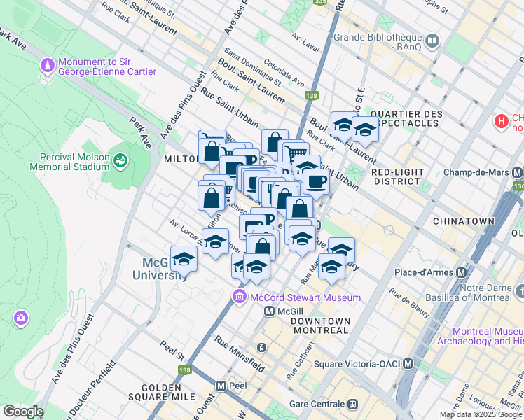 map of restaurants, bars, coffee shops, grocery stores, and more near in Montreal
