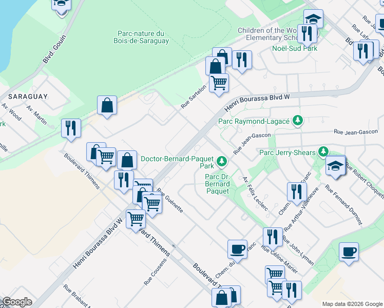 map of restaurants, bars, coffee shops, grocery stores, and more near 7172 Boulevard Henri Bourassa Ouest in Montréal