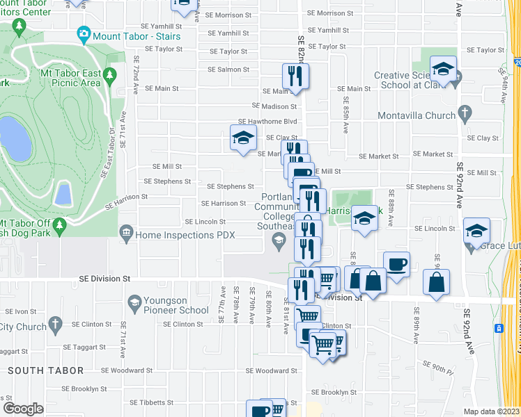 map of restaurants, bars, coffee shops, grocery stores, and more near 7928 Southeast Harrison Street in Portland