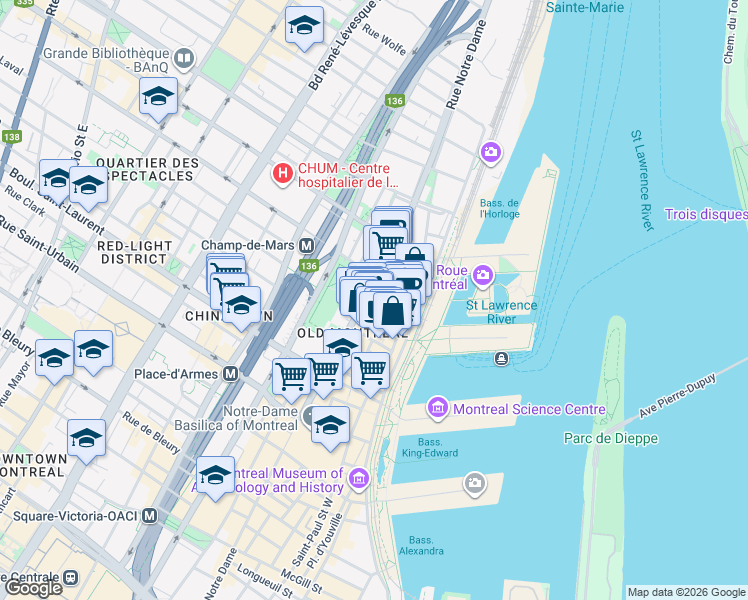 map of restaurants, bars, coffee shops, grocery stores, and more near in Montreal