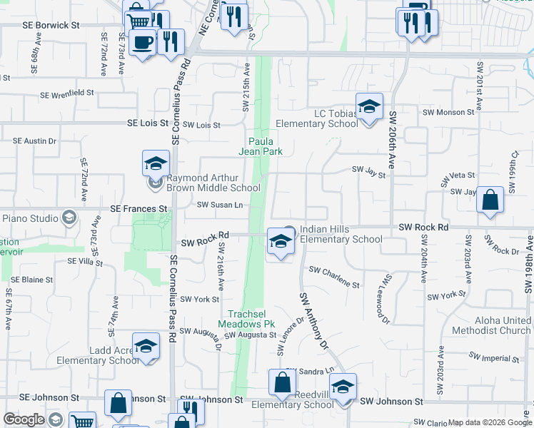 map of restaurants, bars, coffee shops, grocery stores, and more near 1579 Southwest 213th Avenue in Aloha