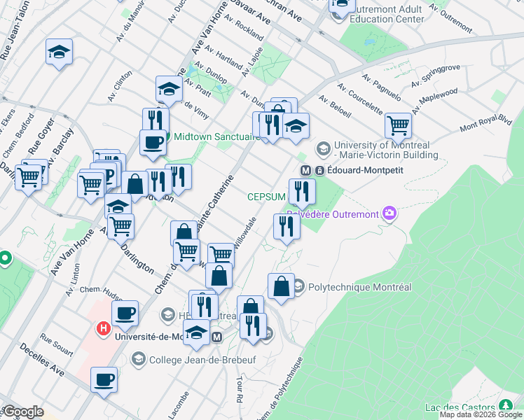 map of restaurants, bars, coffee shops, grocery stores, and more near 152 Avenue Willowdale in Montréal