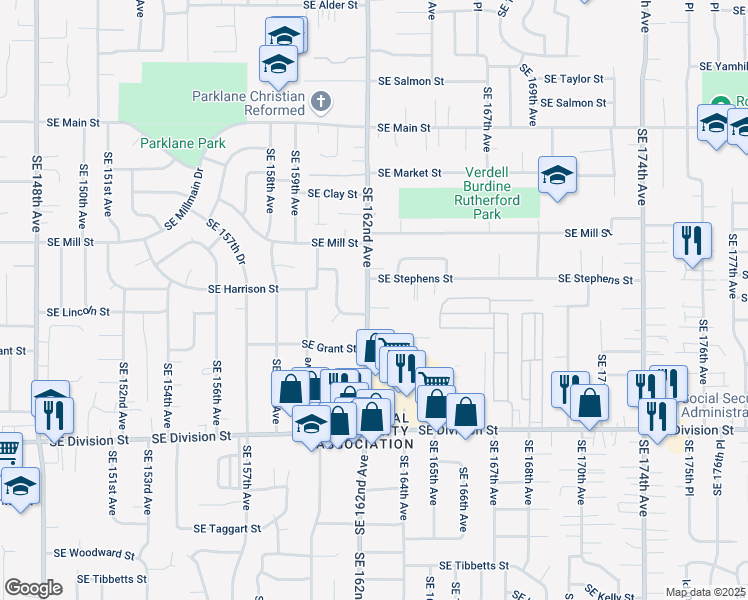 map of restaurants, bars, coffee shops, grocery stores, and more near 16231 Southeast Harrison Street in Portland